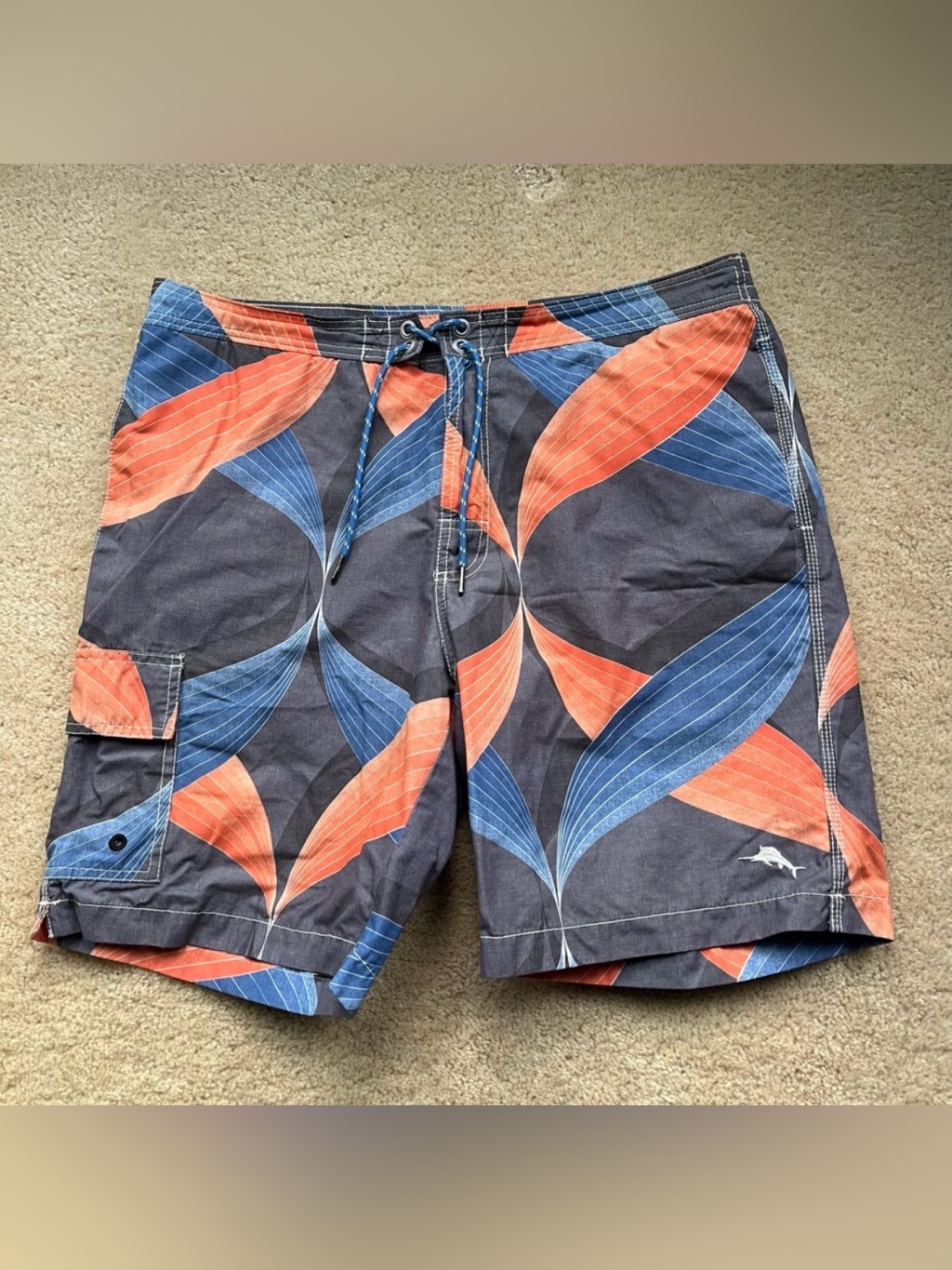 Tommy Bahama Relax Men’s Blue Gray Orange Mesh Lined Swim Trunks - Size L - Euc